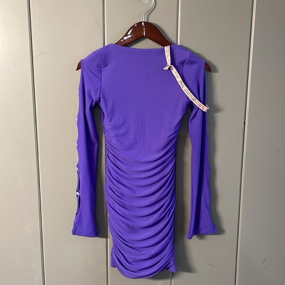 NWT Oh Polly Dress Cold Shoulder Ruched Bodycon Purple Rhinestone Girly Mini New - Picture 2 of 5